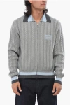 Versace Virgin Wool Cable Knit Cardigan With Zip Closure In Gray