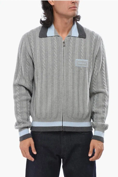 VERSACE VIRGIN WOOL CABLE KNIT CARDIGAN WITH ZIP CLOSURE