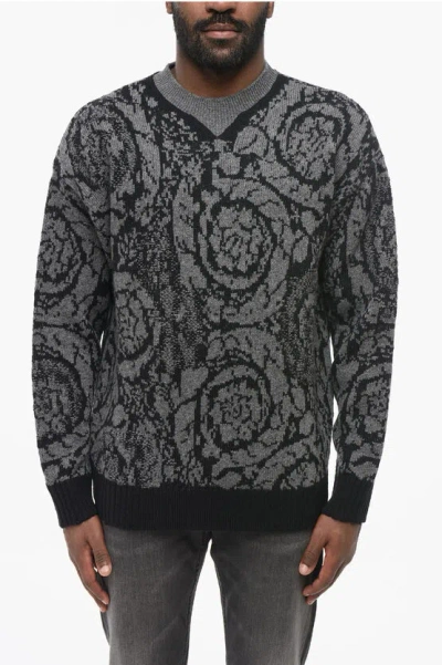 Versace Virgin Wool Crew Neck Pullover With Barocco Pattern In Black