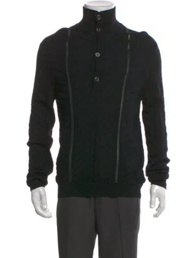 Pre-owned Versace Virgin Wool Mock Neck Cardigan In Black