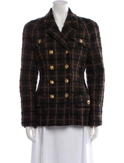 Pre-owned Versace Virgin Wool Plaid Print Blazer In Brown