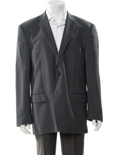 Pre-owned Versace Virgin Wool Plaid Print Blazer In Gray