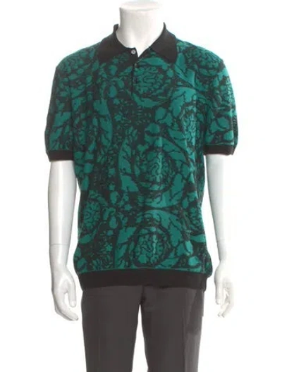 Pre-owned Versace Virgin Wool Printed Polo Sweater W/ Tags In Green