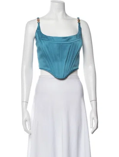 Pre-owned Versace Virgin Wool Square Neckline Crop Top In Blue