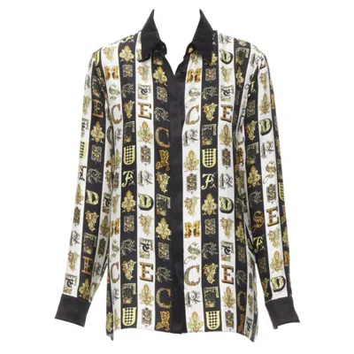 Pre-owned Versace Virtus Alphabet Black Gold Barocco Medusa Button Silk Shirt It42 M