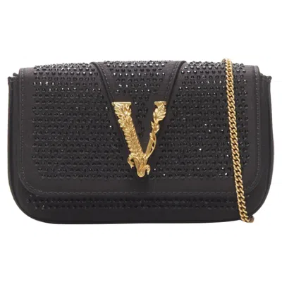 Versace Virtus Barocco Black Crystal Embellished Flap Crossbody Clutch Bag