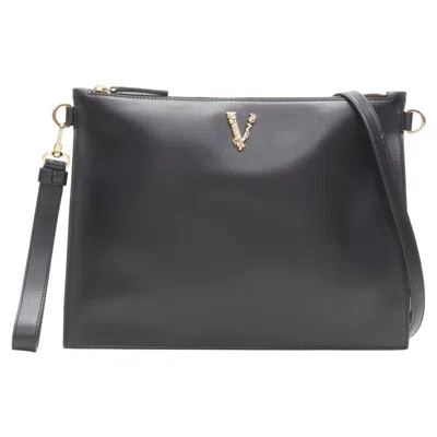 Versace Virtus Barocco V Leather Zip Clutch Crossbody Bag In Black