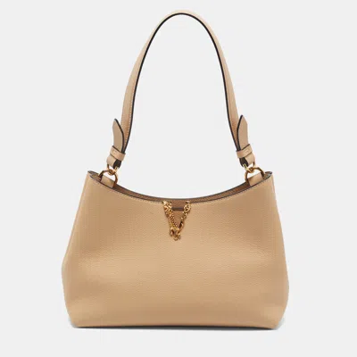 Pre-owned Versace Virtus Beige Leather Hobo