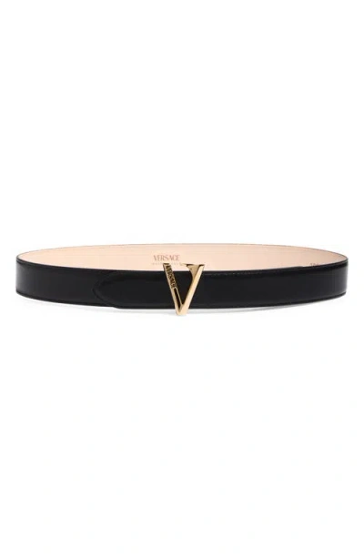 Versace Virtus Buckle Leather Belt In Black