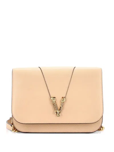 Pre-owned Versace Virtus Chain Flap Shoulder Bag Leather Medium Crossbody Bag In Neutral