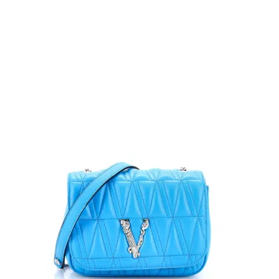 Versace Virtus Chain Flap Shoulder Bag Quilted Leather Mini In Blue