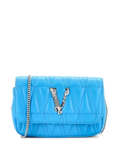 Pre-owned Versace Virtus Chain Flap Shoulder Bag Quilted Leather Mini Crossbody Bag In Blue