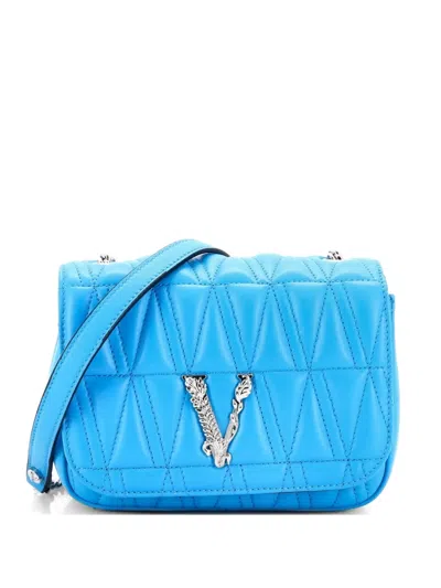 Pre-owned Versace Virtus Chain Flap Shoulder Bag Quilted Leather Mini Crossbody Bag In Blue