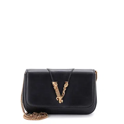 Versace Virtus Clutch On Chain Leather In Black