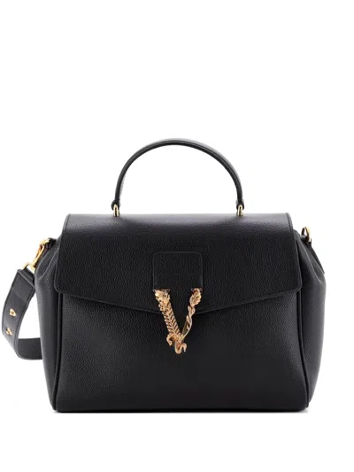 Pre-owned Versace Virtus Convertible Top Handle Bag Leather Medium Satchel In Black