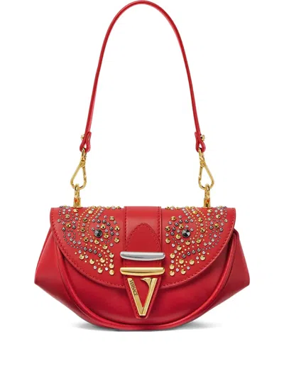 Versace Virtus Crystal-embellished Shoulder Bag In Red