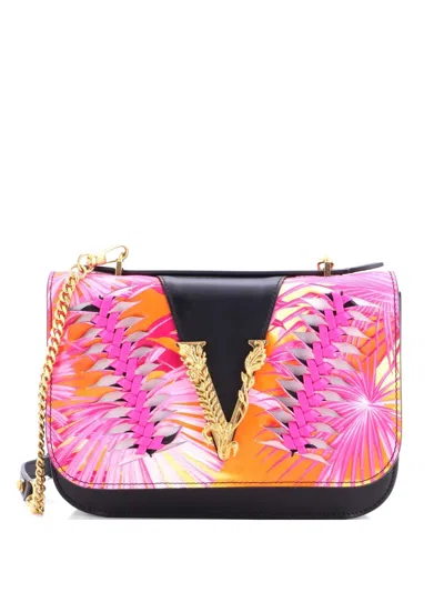 Pre-owned Versace Virtus Flap Shoulder Bag Printed Leather With Braided Detail Small Crossbody Bag In Black