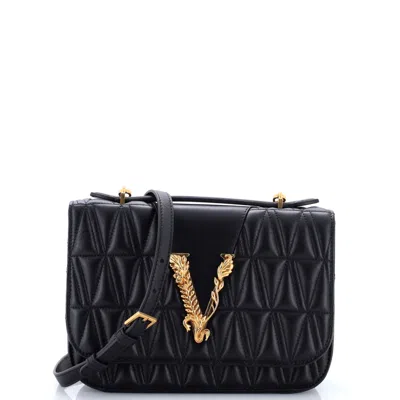 Versace Virtus Flap Shoulder Bag Quilted Leather Small In Black