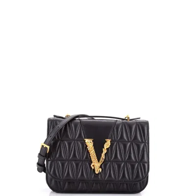 Versace Virtus Flap Shoulder Bag Quilted Leather Small In Black