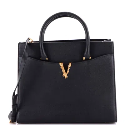 Versace Virtus Front Pocket Tote Leather Large In Black