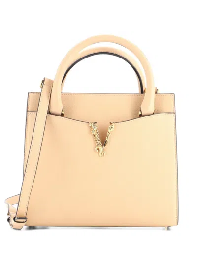 Pre-owned Versace Virtus Front Pocket Tote Leather Medium Satchel In Neutrals