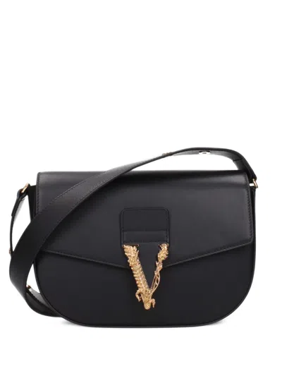Versace Virtus Leather Shoulder Bag In Black