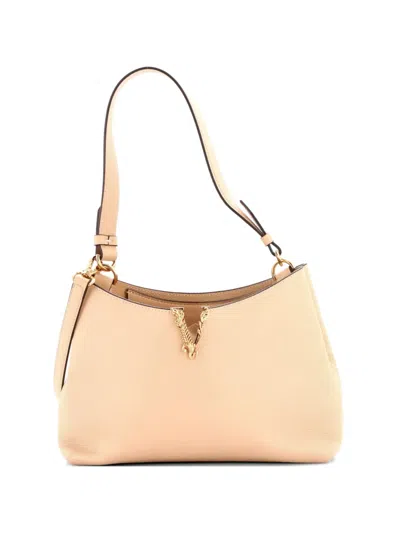 Pre-owned Versace Virtus Leather Small Hobo Bag In Neutral