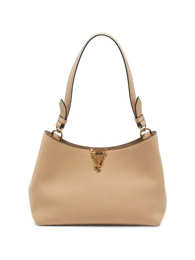 Pre-owned Versace Virtus Leather Tote Bag In Neutrals