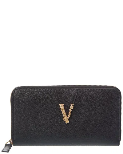Versace Virtus Leather Zip Around Wallet In Black