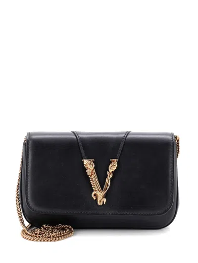 Pre-owned Versace Virtus On Chain Leather Clutch Bag In Black
