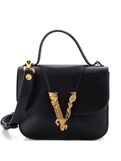 Pre-owned Versace Virtus Top Handle Bag Leather Small Shoulder Bag In Black