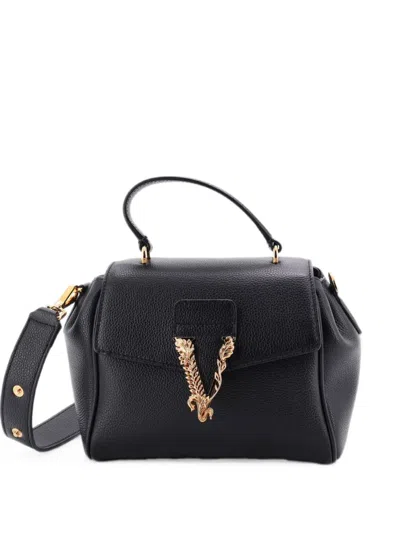 Pre-owned Versace Virtus Top Handle Bag Leather Small Shoulder Bag In Black