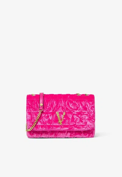 Versace Virtus Velvet Shoulder Bag In Pink