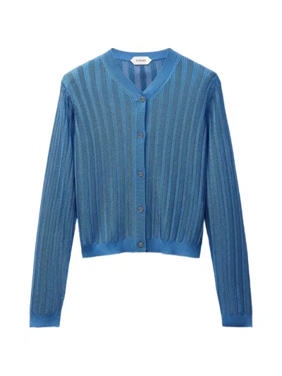 Versace Viscose Mesh Ribbed Knit Cardigan In Blue