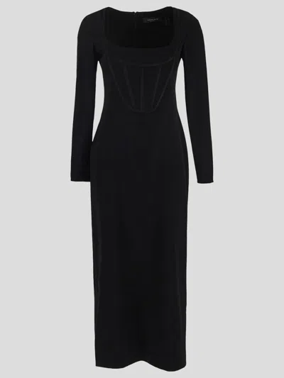 Versace Viscose Sable Long Dress Long Sleeves In Black