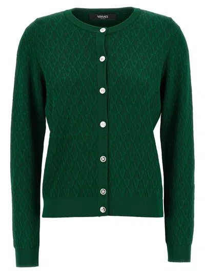 Versace Knit Sweater Textured V Jacquard Stretch Viscose In Green