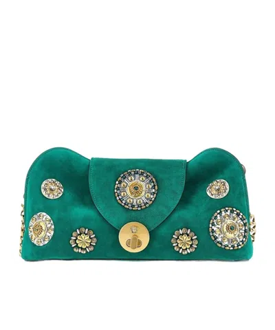 Versace Vivian Embroidered Crosta Suede Clutch In Green