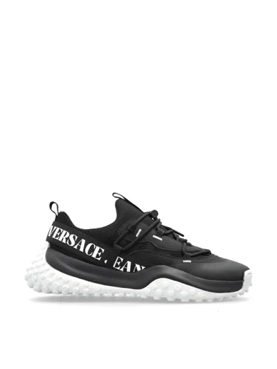 Versace Vjc Logo Print Low-top Sneakers With Textured Rubber Sole In Multi