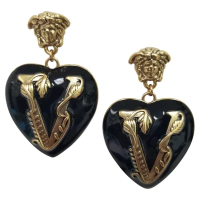 Pre-owned Versace V-mine  Valentine Black Heart Earrings
