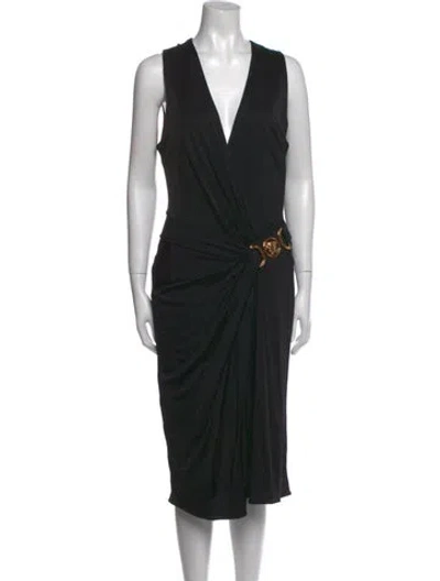Pre-owned Versace V-neck Midi Length Dress In Black