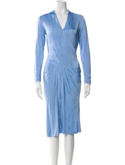 Pre-owned Versace V-neck Midi Length Dress W/ Tags In Blue