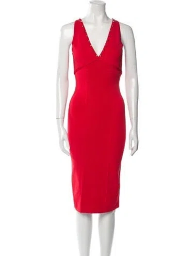 Pre-owned Versace V-neck Midi Length Dress W/ Tags In Red