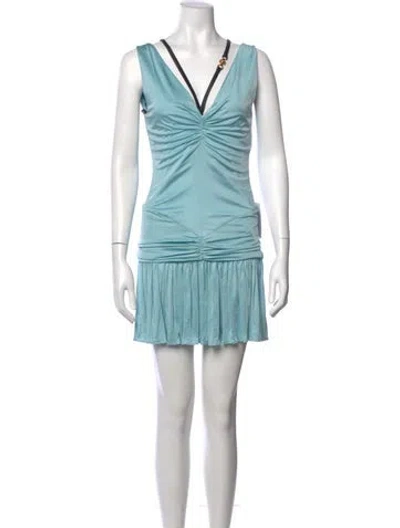 Pre-owned Versace V-neck Mini Dress In Blue
