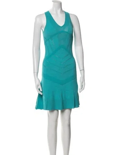 Pre-owned Versace V-neck Mini Dress In Blue