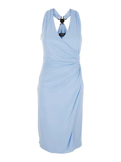 Versace V-neck Sleeveless Viscose Midi Dress With Medusa Plaque Back In Blue