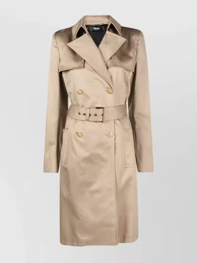 Versace Waist Belted Coat With Epaulettes And Pockets In Neutrals