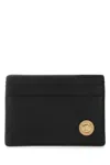 Versace Sleek Black Leather Card Wallet With Gold Emblem In Black