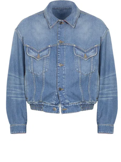 Versace Washed Cotton Denim Jacket With Classic Collar In Blue