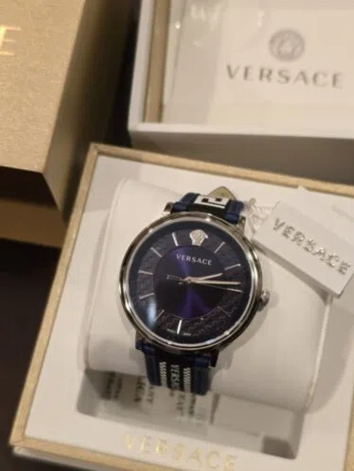 Pre-owned Versace Watch - Genuine Leather Strap, Navy Blue, 42mm Case