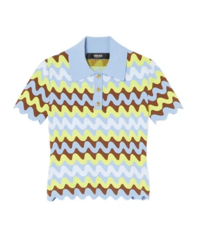 Versace Wave Jacquard Knitted Slim Fit Polo Shirt In Multicolor